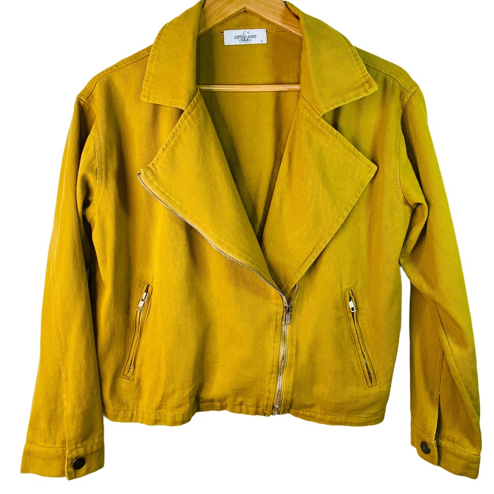 Carly Jean Los Angeles Mustard Yellow Denim Moto Jacket small CJLA